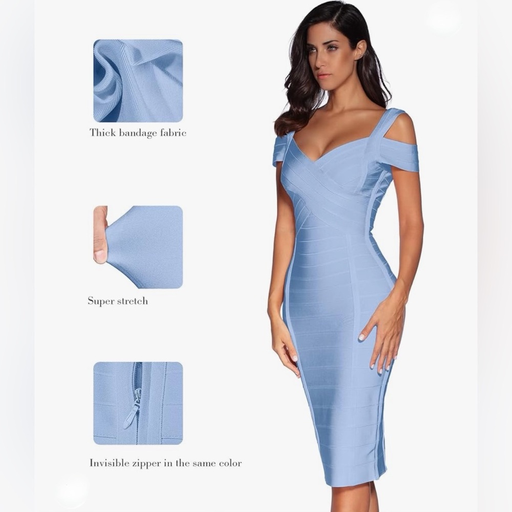 Meilun LightBlue Shoulder Bandage Bodycon Dress - L